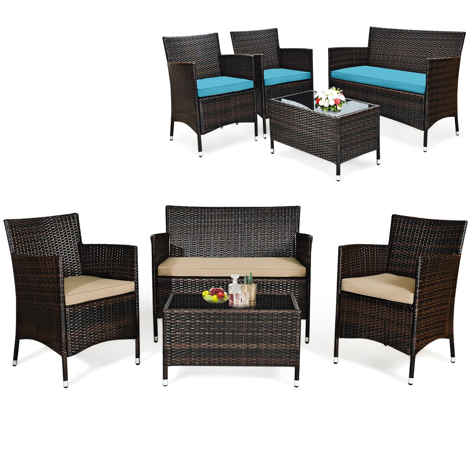 Ensemble de meubles de patio 4 pièces en rotin Tangkula, avec table basse en verre trempé